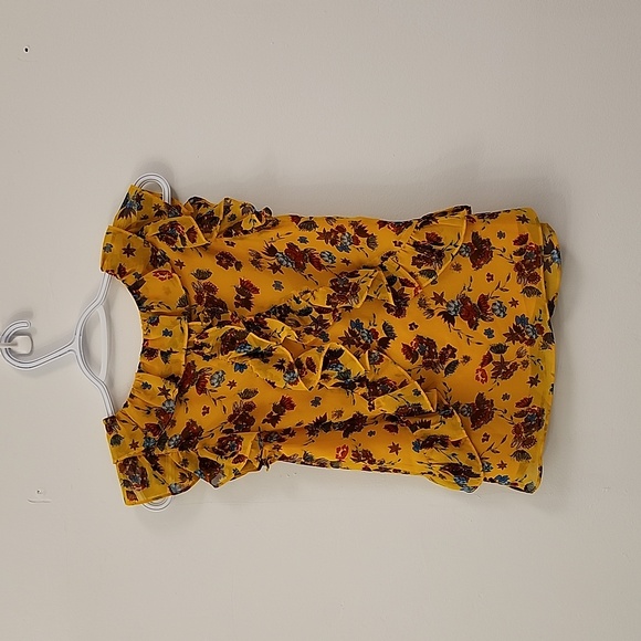 Rebecca Minkoff XXS ruffled short sleeve tie front yellow floral print blouse - Picture 4 of 6